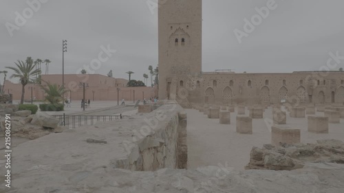 Close up panning shot showcasing the intricate stone and brick patterns on Koutoubia Minaret