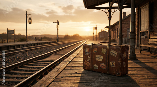 Vintage leather suitcase resting upon quiet railway platform during golden hour sunset scenic train departure with suitcase adorned travel travel stickers sitting