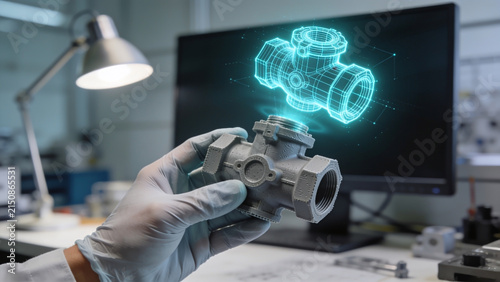 High-resolution professional stock photo of 3D printed mechanical prototype with adjacent teal wireframe hologram.