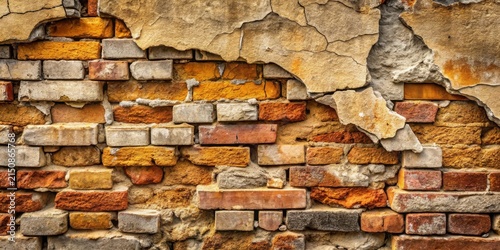 A Weathered Brick Wall with Deteriorated Plaster Showing Aged Brickwork and Mortar