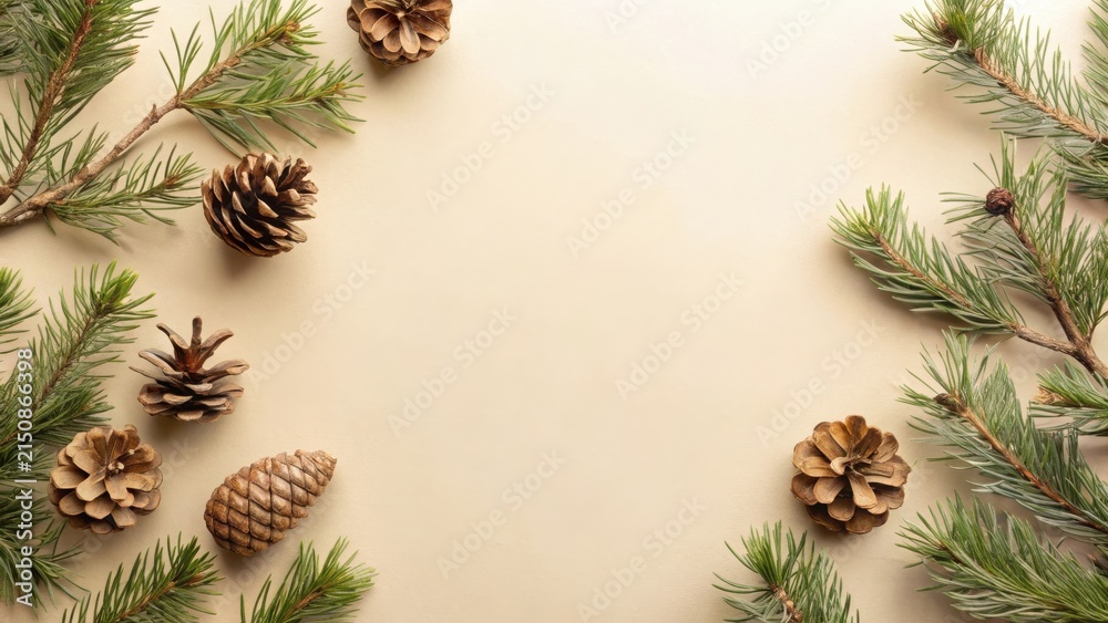 Fototapeta premium Elegant Festive Frame of Pine Branches and Cones on a Neutral Background