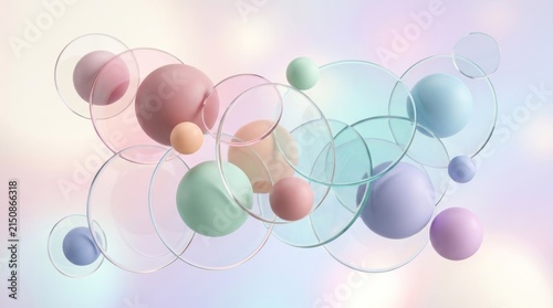 A colorful abstract composition featuring pastel-colored spheres and transparent glass circles on a soft, gradient background.