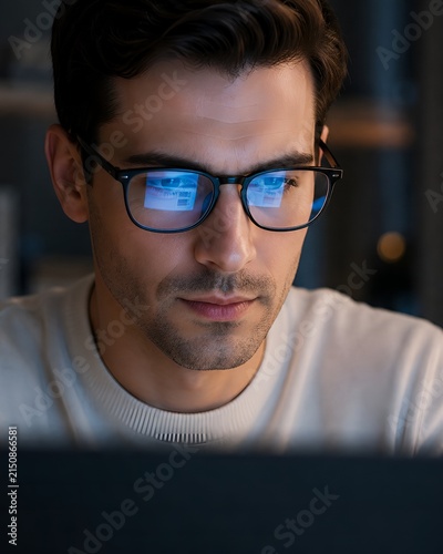 Close-up portrait of a focused young professional wearing stylish computer glasses while working at a monitor