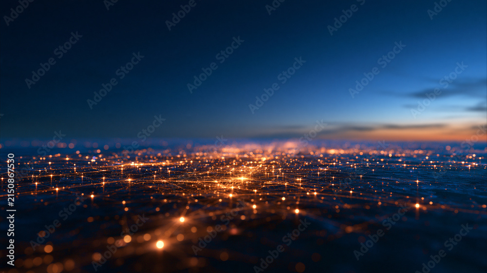 Fototapeta premium abstract technology visualization, glowing interconnected nodes and branching data pathways spreading across a deep dark clean field, crisp bright junction points contrasting with