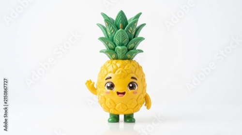 A cute, yellow pineapple with green leaves and a smiley face, standing on a white background with a white wall in the background.