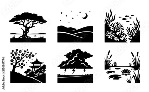 Nature Landscape Icons Set: Tranquil Tree, Starry Night, Coral Reef, Cherry Blossom Pagoda, Stormy Sky, and Pond Elements. Vector Graphics for Environmental and Outdoor Themes.