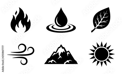 Six Elemental Icons: Fire, Water, Earth, Air, Mountain, Sun Symbols, Nature and Climate Concepts, Clean Vector Graphics