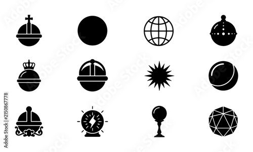 Royal Orb Icons, Sphere Symbols, Globe Graphics, Crown Emblems, Celestial Orbs, Geometric Shapes, Set of 12 Vector Icons for Royalty and Power Concepts