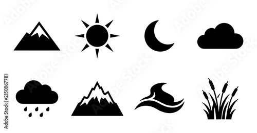 Nature Icons Set: Mountains, Sun, Moon, Clouds, Rain, Water Wave, Reeds, Vector Graphics for Weather, Seasons, and Environment Concepts