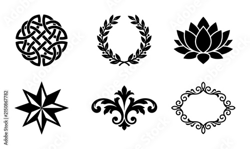 Elegant Black Vector Ornaments and Symbols Set, Decorative Flourishes, Celtic Knot, Laurel Wreath, Lotus Flower, Starburst, Vintage Emblems for Design Projects
