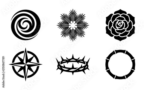 Black Vector Icons: Floral Rose, Swirl, Pine, Compass, Crown of Thorns, Bamboo Circle, Decorative Elements for Design