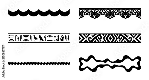 Decorative Vector Borders and Dividers Collection: Ornate, Tribal, Hieroglyphic, and Wave Patterns for Graphic Design