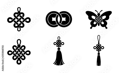 Chinese Knot Icons, Butterfly Symbol, Coin Charms, Tassel Ornaments, Black Vector Graphics for Cultural Design and Decoration