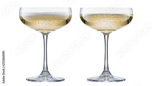 Isolated elegant coupe glasses with sparkling champagne and vibrant bubbles for celebration