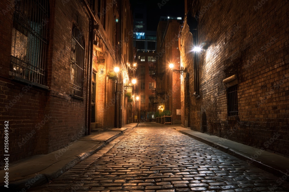 Fototapeta premium Evening view of a cobblestone alley lit by street lamps in a city at night