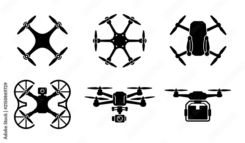 Fototapeta premium Drone Icons Collection, Aerial Vehicle Silhouettes, Quadcopter Vector Graphics, Unmanned Aircraft Set for Delivery and Surveillance