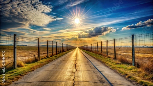 Asphalt Road Leading to a Vibrant Sunset Beyond a Wire Fence in a Rural Setting