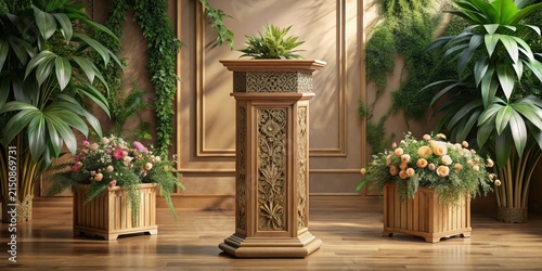 Ornate Wooden Pedestal Displayed Amongst Lush Greenery and Blooming Flowers in a Serene Interior Setting