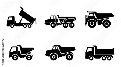 Set of 6 Black Silhouette Dump Truck Icons, Heavy Machinery Vector Graphics, Construction Vehicle Illustrations for Industrial and Transport Design