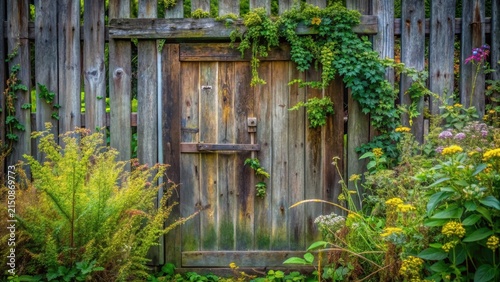 Rustic Wooden Gate in a Garden with Lush Greenery and Blooming Wildflowers