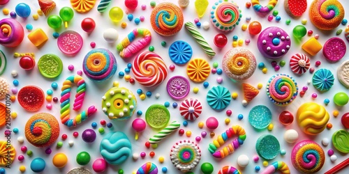 A vibrant collection of colorful sweets, lollipops, and candies arranged on a white surface creating a delightful and cheerful pattern.