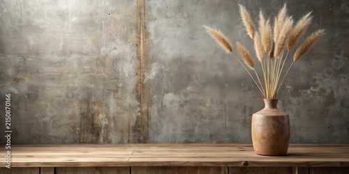 Rustic Wooden Tabletop Display with Dried Floral Arrangement in Earthenware Vase Against a Weathered Concrete Wall