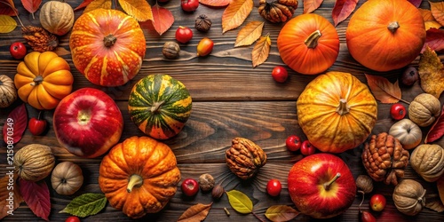 Autumnal Harvest Abundance A Rustic Tabletop Still Life Featuring Pumpkins, Apples, Nuts, and Fall Foliage