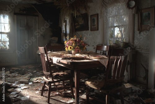 Old dining room scene in abandoned house with dusty furniture and flower centerpiece