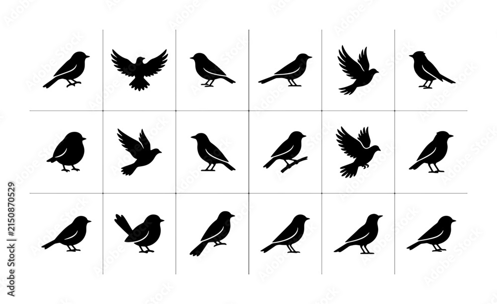 Fototapeta premium 21 Silhouette Bird Icons, Vector Collection: Flying, Perched, and Standing Avian Graphics for Nature and Wildlife Designs