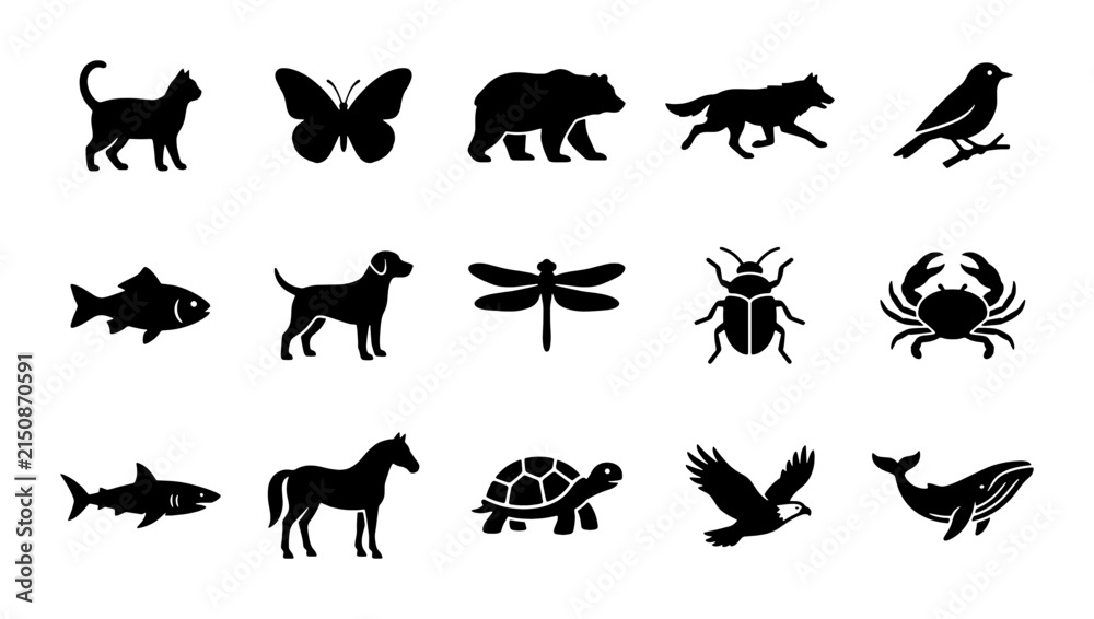 Obraz premium Diverse Animal Silhouettes Collection, Vector Icons for Wildlife, Nature, and Pet Themes, Black and White Graphic Elements