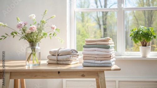 Neatly folded apparel rests on a sunlit wooden table beside a vase of flowers