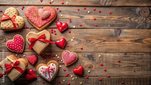 Heart-shaped cookies adorned with ribbons and sprinkles arranged on a rustic wooden background, creating a delightful Valentine's Day scene