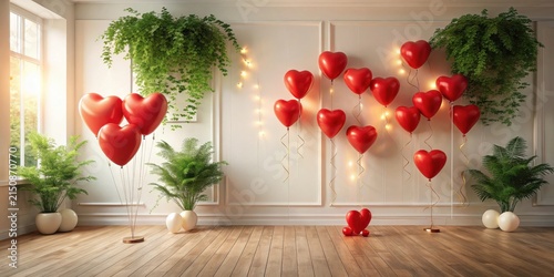 Romantic Interior Decor with Heart Balloons and Greenery