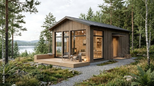 A modern, minimalist cabin with wooden siding and black roof, situated on a gravel path with a view of a lake and forest. 