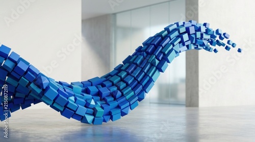 A blue wave of cubes in an empty room with a concrete floor and white walls.