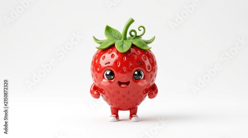 A cute, cartoonish strawberry character with a big smile, standing on two legs with arms outstretched, against a white background.