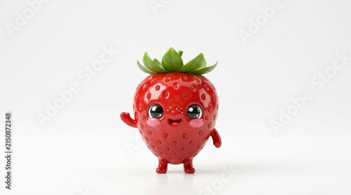 A cute, cartoonish strawberry character with a friendly expression, waving its hand, against a white background.