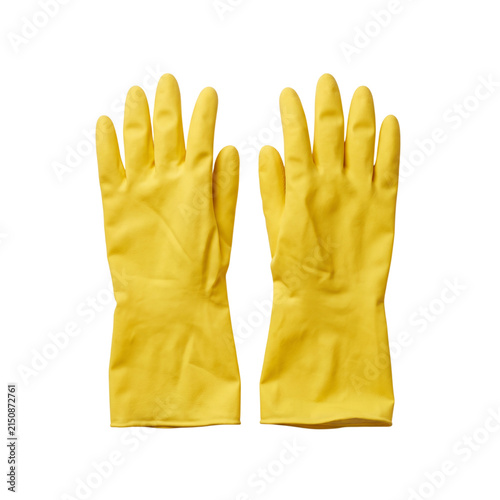 Pair of bright yellow rubber gloves for household cleaning and kitchen work tasks
