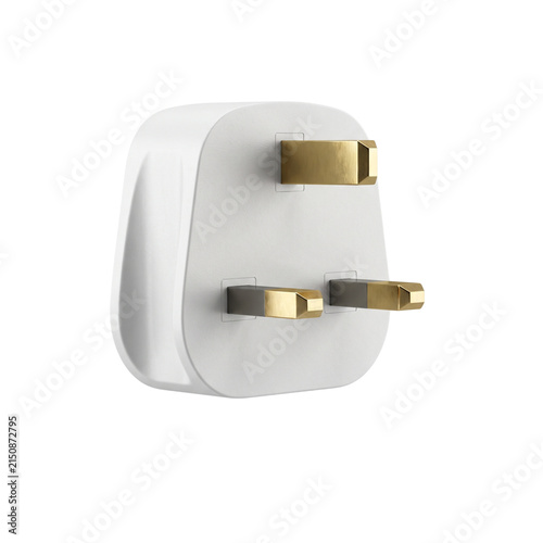 White british electrical power plug with three metal prongs for home appliance use