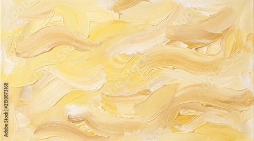 Yellow and beige abstract painting with brush strokes and swirls, featuring a mix of warm and cool colors, creating a dynamic and textured visual effect.
