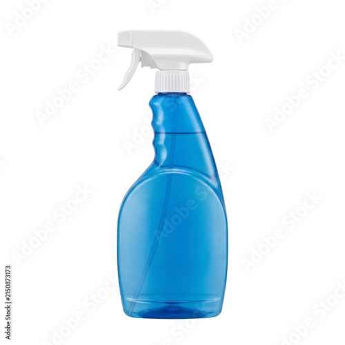 Blue plastic spray bottle filled with cleaning liquid for home and office hygiene