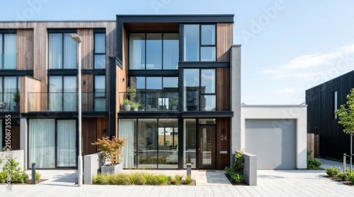 A modern, multi-story townhouse with glass windows and wooden siding, situated in a suburban neighborhood with a white picket fence and green trees in the background.