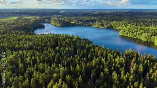 A view in Finland Hämeenlinna Aulanko in nice summer lighting in aerial drone footage of forest and lake. 