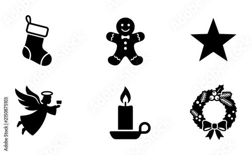Black Christmas Icons Set: Stocking, Gingerbread Man, Star, Angel, Candle, Wreath Vector Graphics for Holiday Design