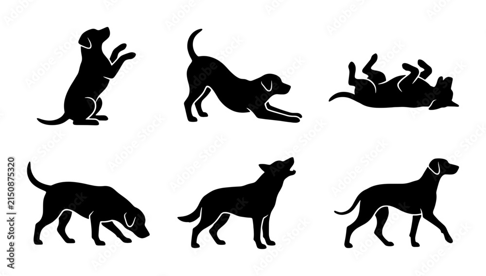 Obraz premium Dog Silhouettes Collection, Six Playful Canine Poses, Vector Art for Pet Lovers and Animal Graphics, Black and White