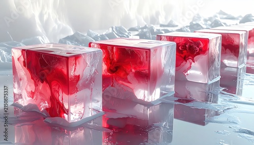 Translucent ice cubes with red dye swirls melting on a reflective surface