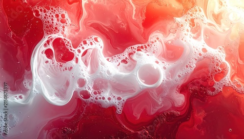 Abstract Macro of White Soap Foam and Bubbles on Red Liquid Surface