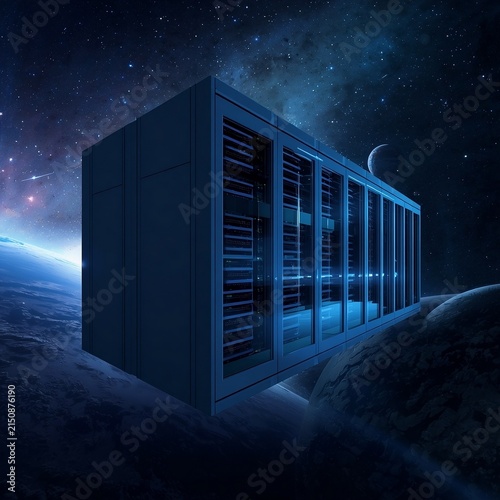  Futuristic Data Center Server Rack Floating in Outer Space Above Earth