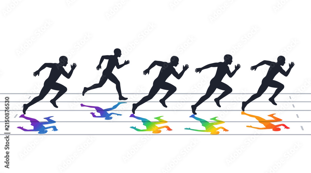 Obraz premium Sprinters dash along a race track with rainbow-colored shadows reflecting their rapid movement.
