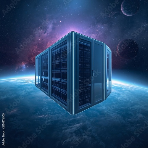 Futuristic Data Center Server Rack Floating in Outer Space Above Earth